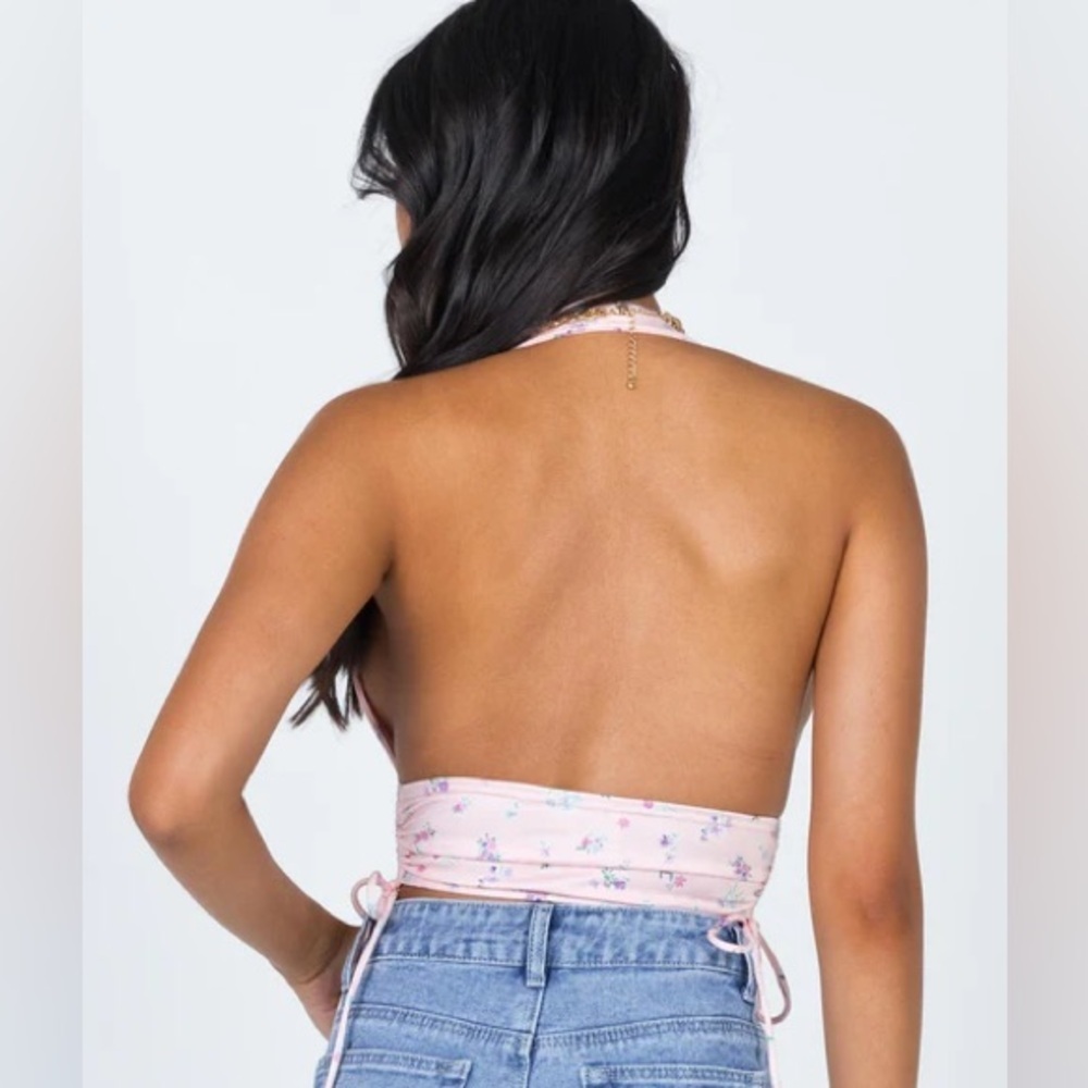 Princess Polly Pink Floral Cropped Halter Top Cute Coquette Girly Fun Going Out - Picture 9 of 11